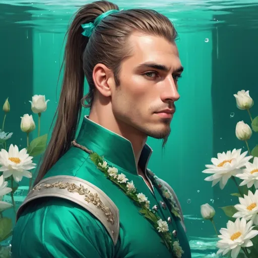 Prompt: guy, strong, handsome, king, green, teal, tall, long hair, ponytail, flowers, water