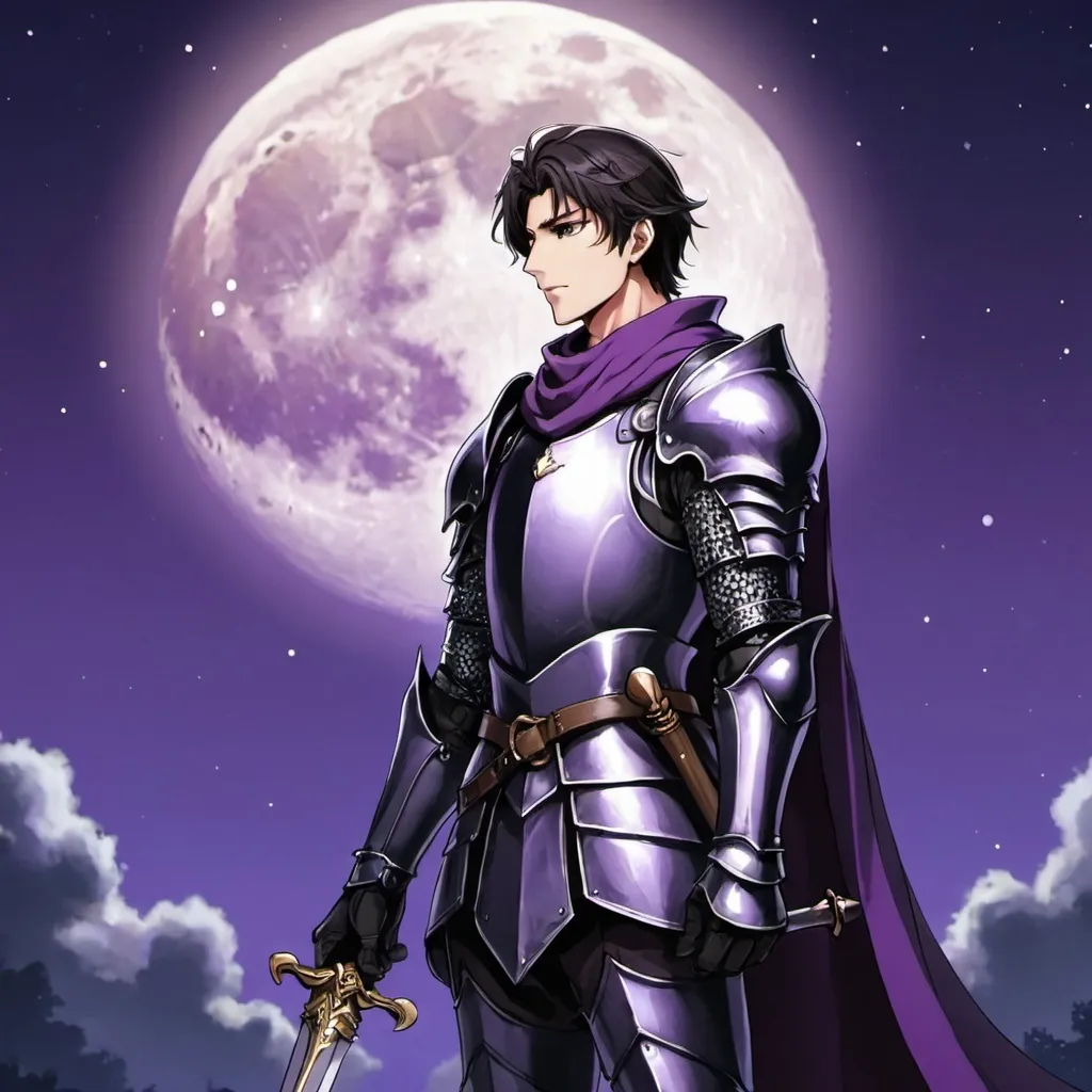 Prompt: guy, strong, handsome, king, knight, violet, tall, moon, night, anime