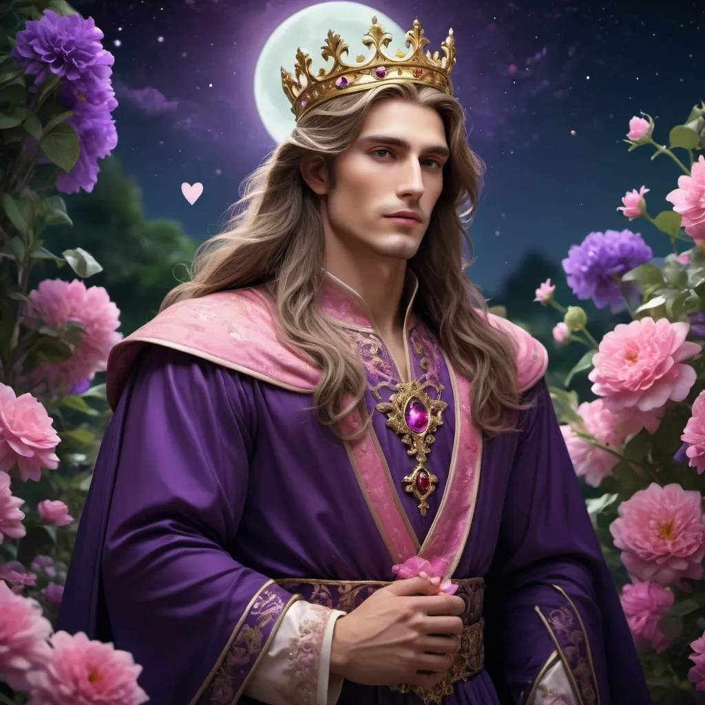 Prompt: guy, strong, handsome, king, violet, pink, green, tall, long hair, love, hearts, flowers, moon, night