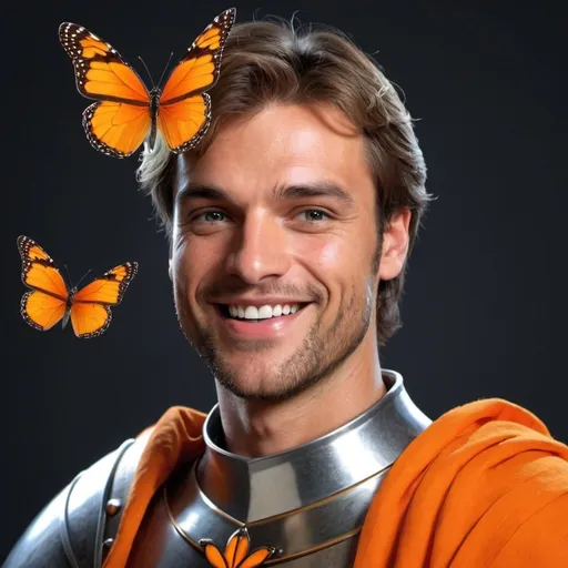Prompt: guy, strong, handsome, king, knight, orange, happy, smile, butterfly