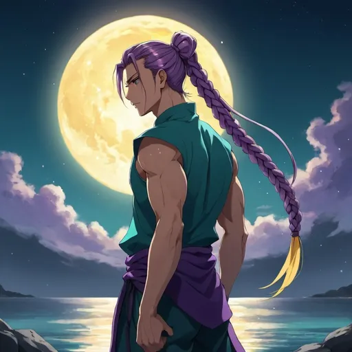 Prompt: anime guy, strong, handsome, king, violet, yellow, teal, tall, ponytail, braids, sun, moon, night, water
