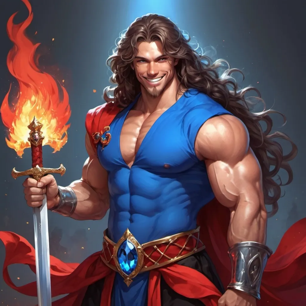 Prompt: guy, strong, handsome, king, blue, red, black, big, himbo, muscles, smile, long wavy hair, crystals, sword, fire, apples