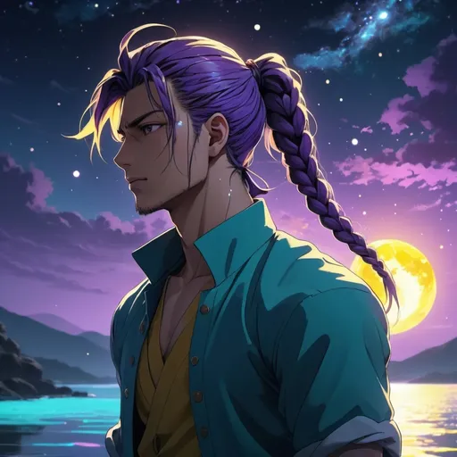 Prompt: anime guy, strong, handsome, king, violet, yellow, teal, tall, ponytail, braids, sun, moon, night, water