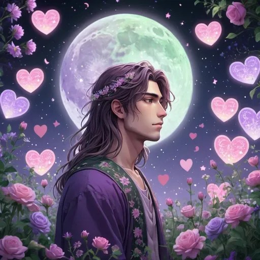 Prompt: guy, strong, handsome, king, violet, pink, green, tall, long hair, love, hearts, flowers, moon, night, anime