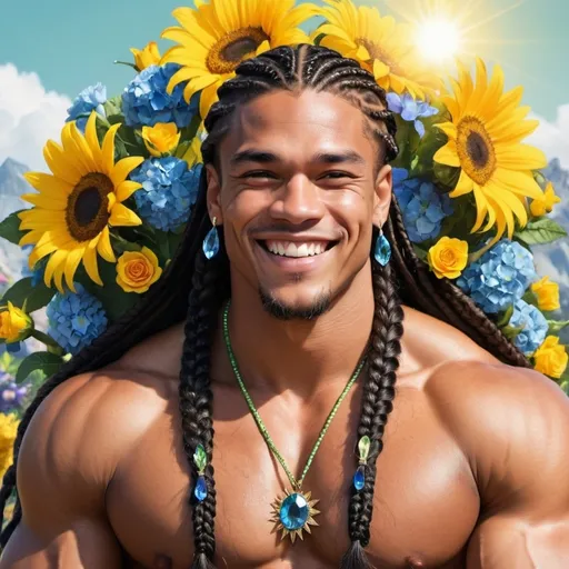 Prompt:  guy, strong, handsome, king, yellow, green, blue, tall, big, smile, muscles, long hair, braids, crystals, sun, flowers