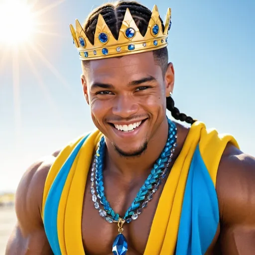 Prompt: guy, strong, handsome, king, blue, yellow, braids, big, smile, sun, muscles, crystals