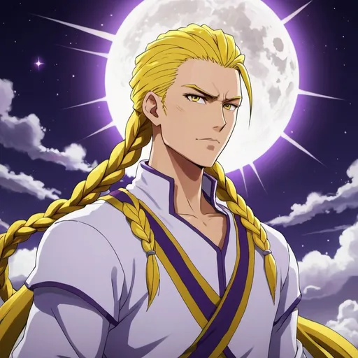 Prompt: guy, strong, handsome, king, yellow, violet, white, tall, serious, braids, sun, moon, night, thunderbolt, anime