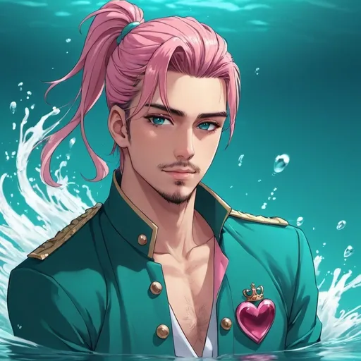 Prompt: guy, handsome, king, hearts, water, teal, pink, ponytail, anime

