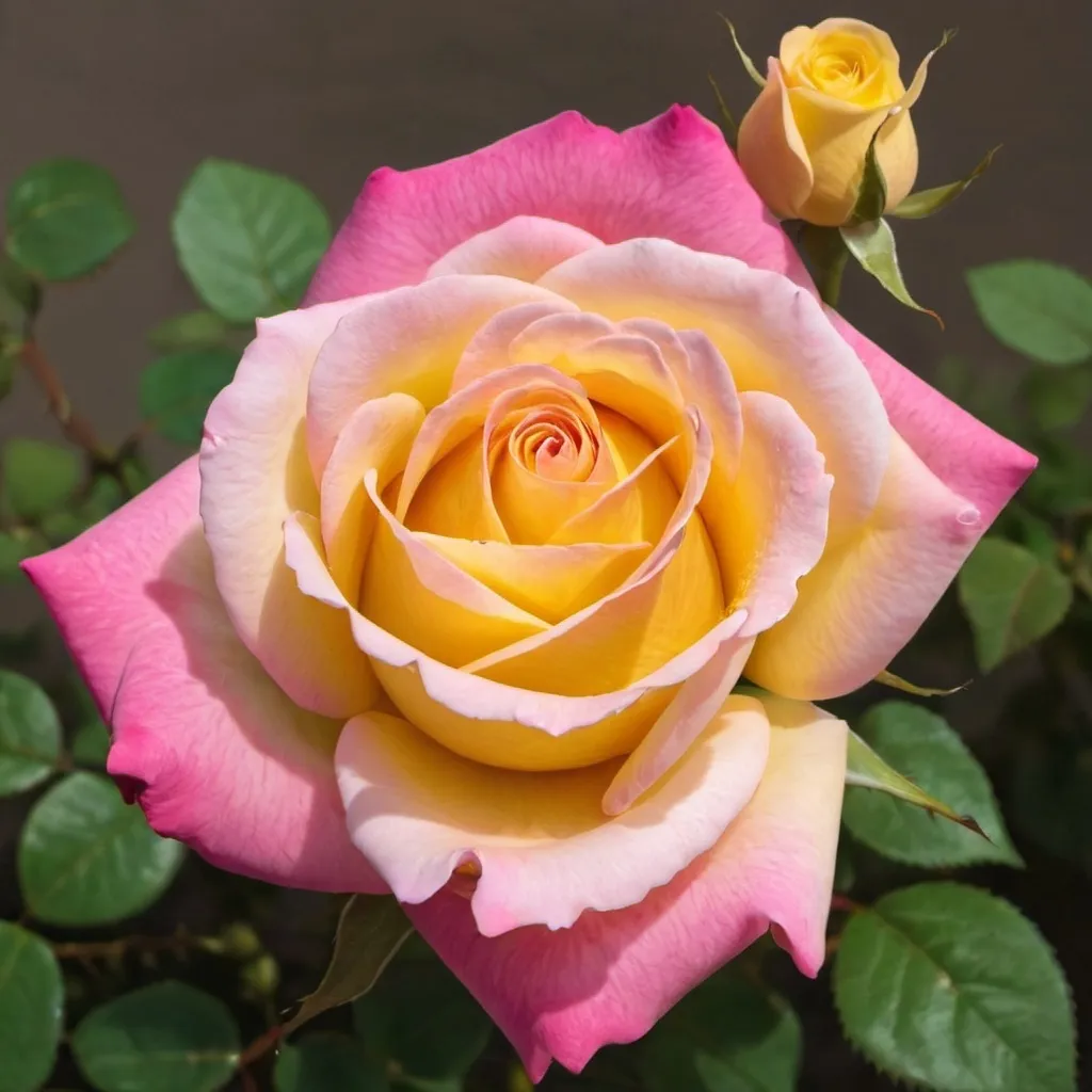 Prompt: a pink rose and a yellow rose merging together