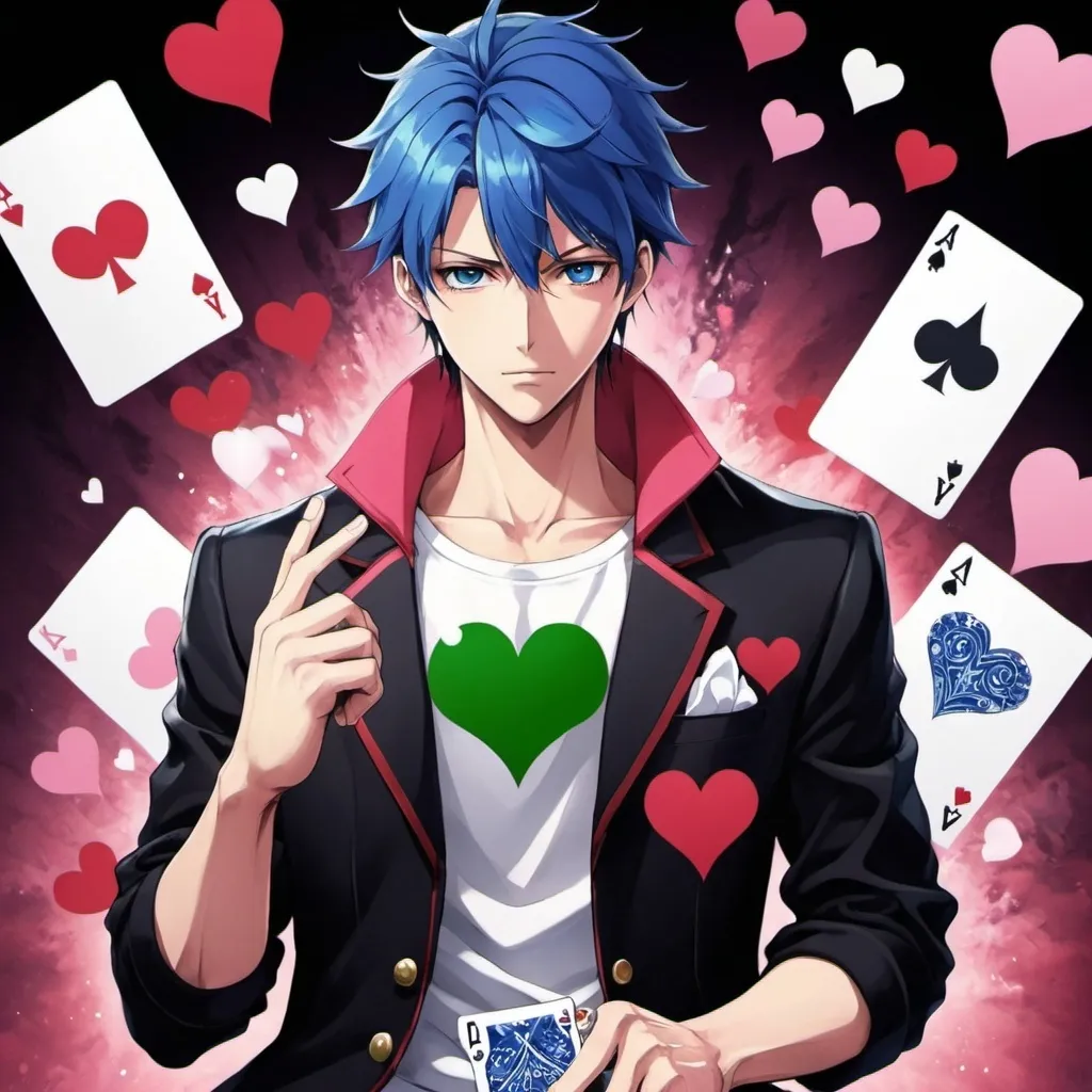 Prompt: anime guy, strong, handsome, cards, ultimate player, blue, red, pink, green, spades, hearts, diamonds, clubs