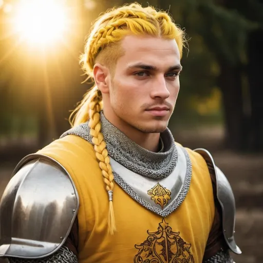 Prompt: guy, strong, handsome, king, knight, yellow, braids, sun