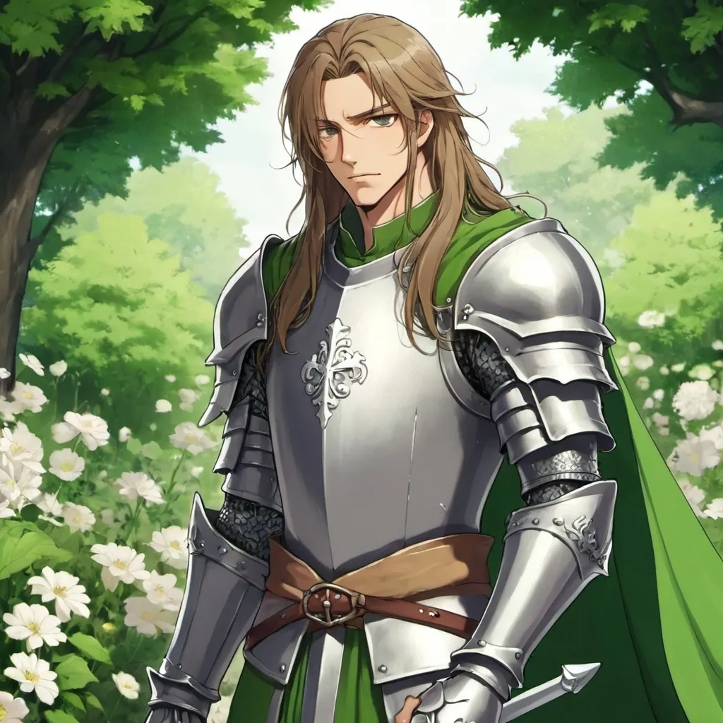 Prompt: guy, strong, handsome, king, knight, green, tall, long hair, flowers, anime