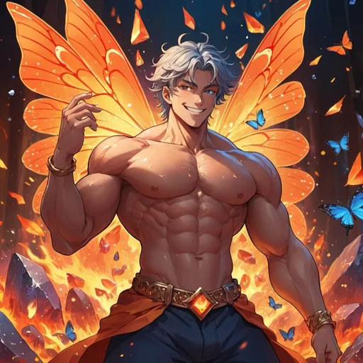 Prompt: anime guy, strong, handsome, king, orange, blue, red, big, muscles, himbo, happy, smile, crystals, fire, butterfly, apples