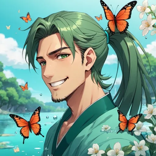 Prompt: guy, strong, handsome, king, green, teal, orange, tall, happy, smile, long hair, ponytail, flowers, butterfly, water, anime