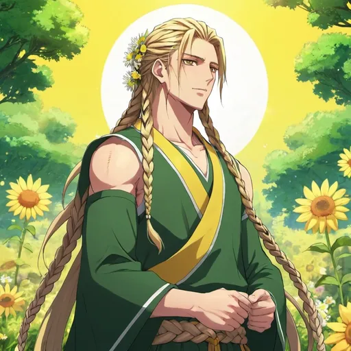 Prompt: guy, strong, handsome, king, yellow, green, tall, long hair, braids, sun, flowers, anime