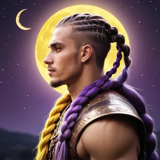 Prompt: guy, strong, handsome, king, yellow, violet, tall, braids, sun, moon, night