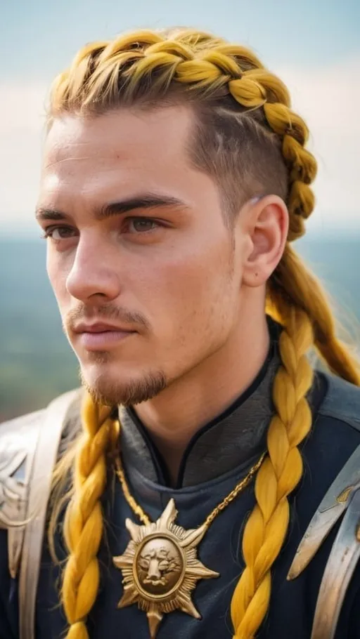 Prompt: guy, handsome, strong, king, yellow, sun, braids