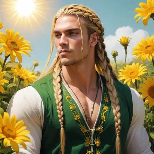 Prompt: guy, strong, handsome, king, yellow, green, tall, long hair, braids, sun, flowers