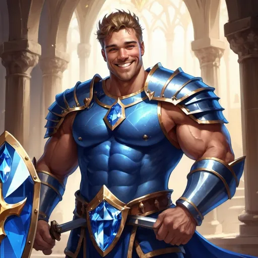 Prompt: guy, strong, handsome, king, knight, blue, big, muscles, smile, crystals