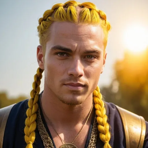 Prompt: guy, handsome, strong, king, yellow, sun, braids