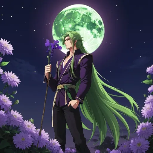 Prompt: guy, strong, handsome, king, green, violet, tall, long hair, moon, flowers, night, anime