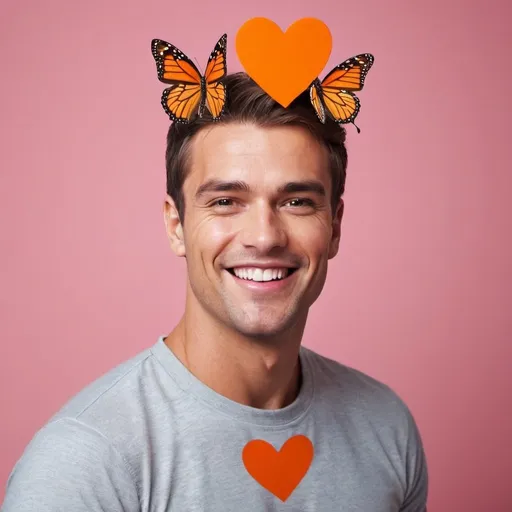 Prompt: guy, handsome, strong, king, orange, pink, happy, smile, love, hearts, butterfly