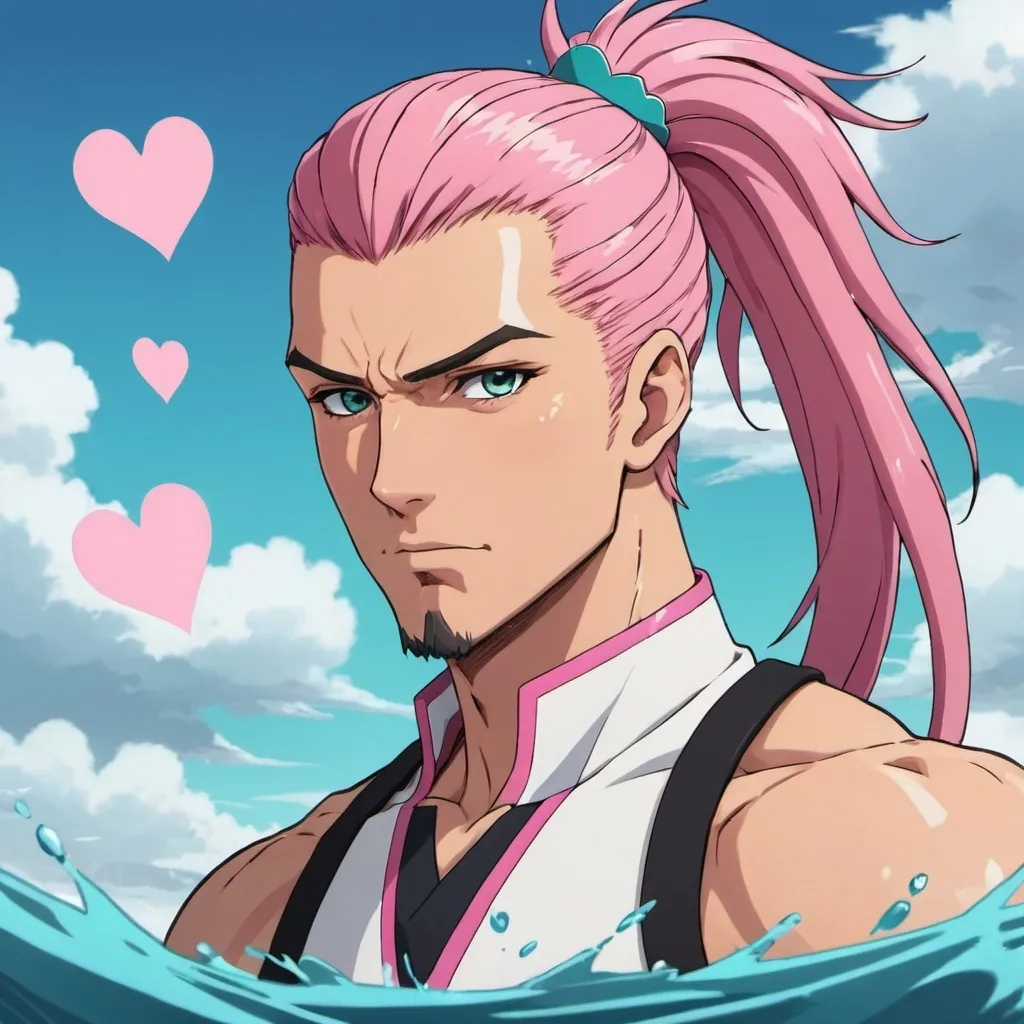 Prompt: guy, strong, handsome, king, white, pink, teal, tall, ponytail, serious, love, hearts, water, thunderbolt, anime