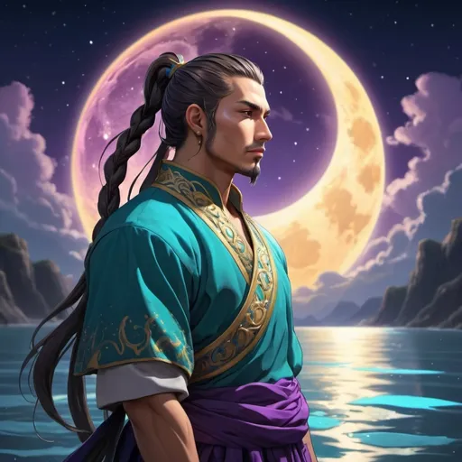 Prompt: anime guy, strong, handsome, king, violet, yellow, teal, tall, ponytail, braids, sun, moon, night, water