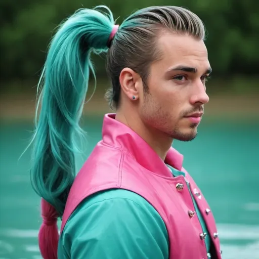 Prompt: guy, handsome, king, hearts, water, teal, pink, ponytail


