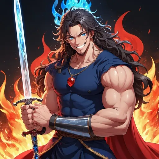 Prompt: guy, strong, handsome, king, blue, red, black, big, himbo, muscles, smile, long wavy hair, crystals, sword, fire, apples, anime