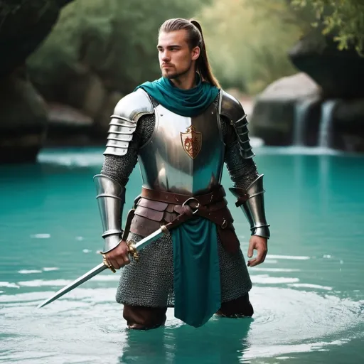 Prompt: guy, strong, handsome, king, knight, teal, tall, ponytail, water
