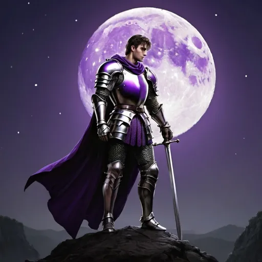 Prompt: guy, strong, handsome, king, knight, violet, tall, moon, night