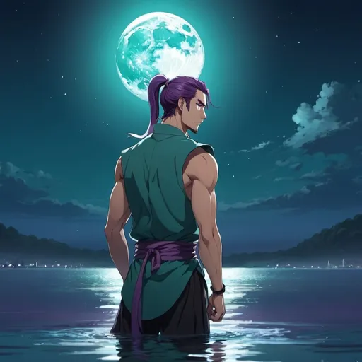 Prompt: guy, strong, handsome, king, violet, teal, tall, ponytail, water, moon, night, anime