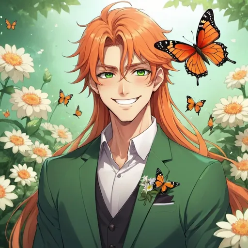 Prompt: guy, strong, handsome, king, green, orange, tall, smile, happy, long hair, butterfly, flowers, anime