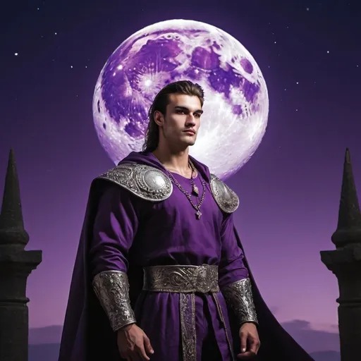 Prompt: guy, handsome, strong, king, moon, tall, night, violet