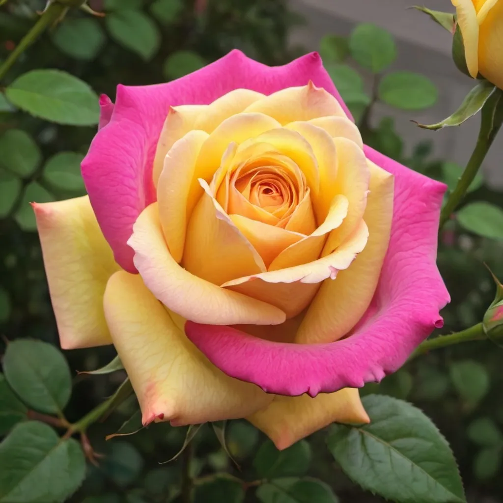 Prompt: a pink rose and a yellow rose merging into one