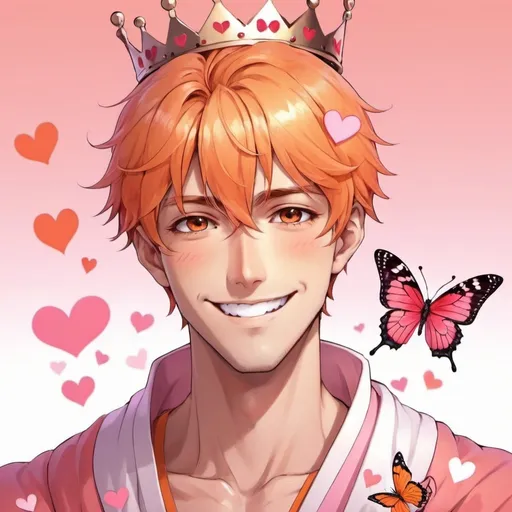 Prompt: guy, handsome, strong, king, orange, pink, happy, smile, love, hearts, butterfly, anime