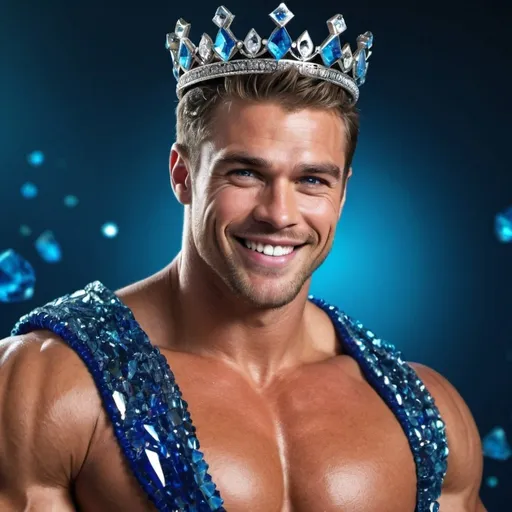 Prompt: guy, handsome, strong, king, blue, big, muscles, smile, crystals