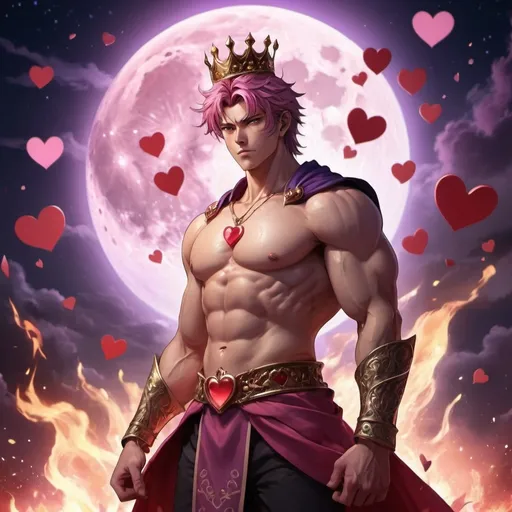 Prompt: anime guy, strong, handsome, king, red, violet, pink, tall, himbo, muscle, love, hearts, fire, moon, apples, night