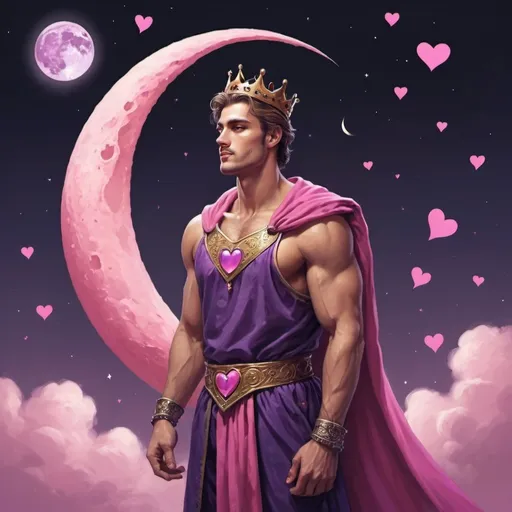 Prompt: guy, strong, handsome, king, pink, violet, tall, love, moon, hearts, night