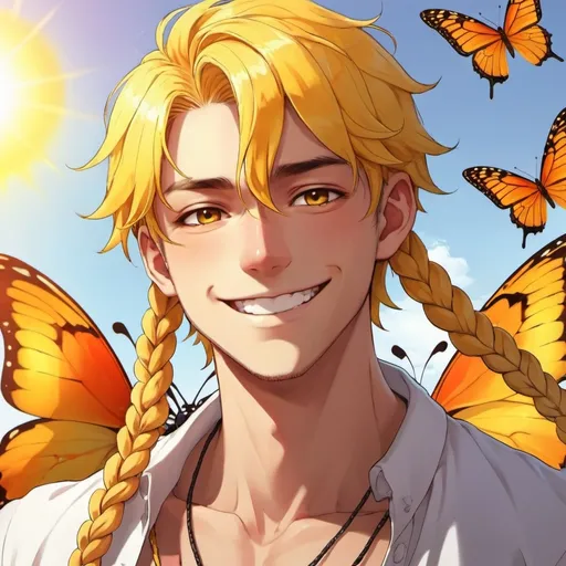 Prompt: guy, strong, handsome, king, yellow, orange, happy, smile, braids, sun, butterfly, anime