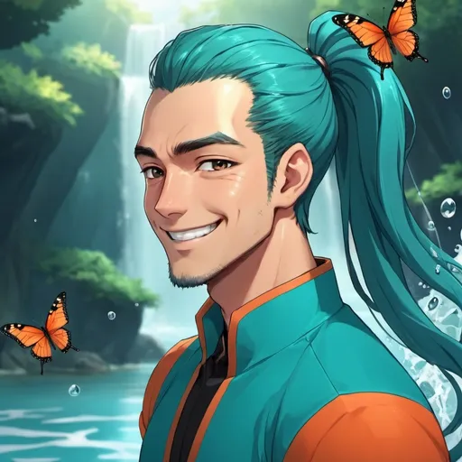 Prompt: guy, strong, handsome, king, teal, orange, tall, happy, smile, ponytail, water, butterfly, anime