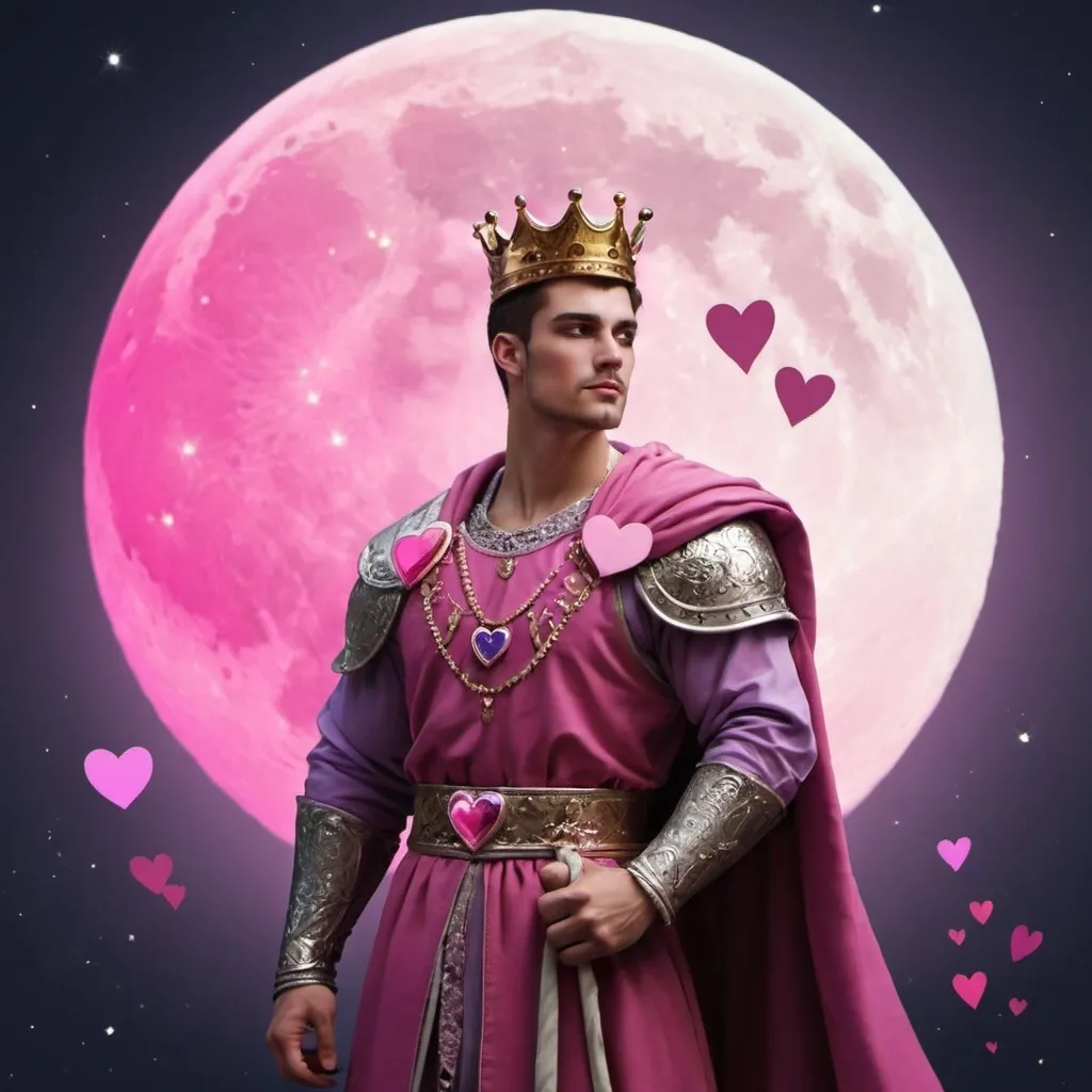 Prompt: guy, strong, handsome, king, pink, violet, tall, love, moon, hearts, night