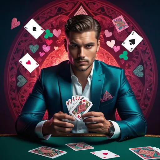 Prompt: guy, strong, handsome, cards, supreme, blue, red, pink, green, spades, hearts, diamonds, clubs