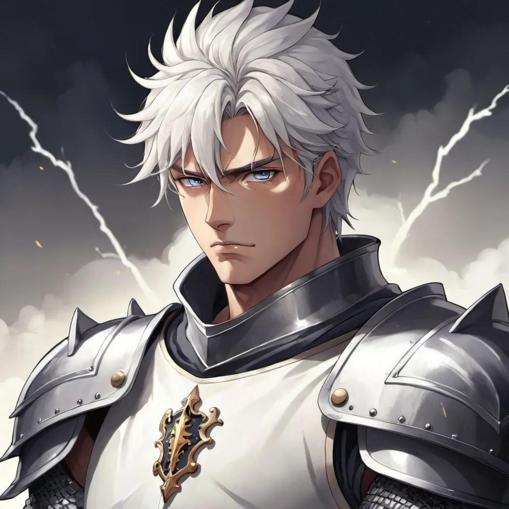 Prompt: guy, strong, handsome, king, knight, white, serious, thunderbolt, anime