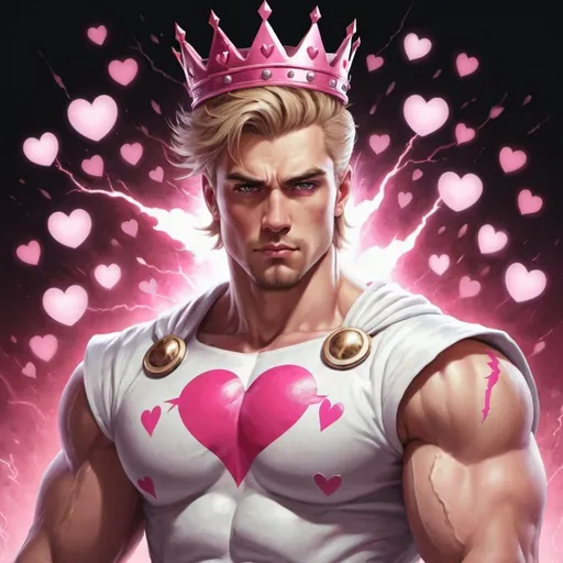 Prompt: guy, strong, handsome, king, white, pink, serious, love, hearts, thunderbolt