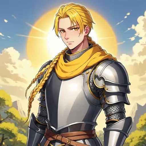 Prompt: guy, strong, handsome, king, knight, yellow, braids, sun, anime