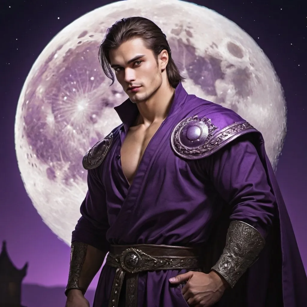 Prompt: guy, handsome, strong, king, moon, tall, night, violet