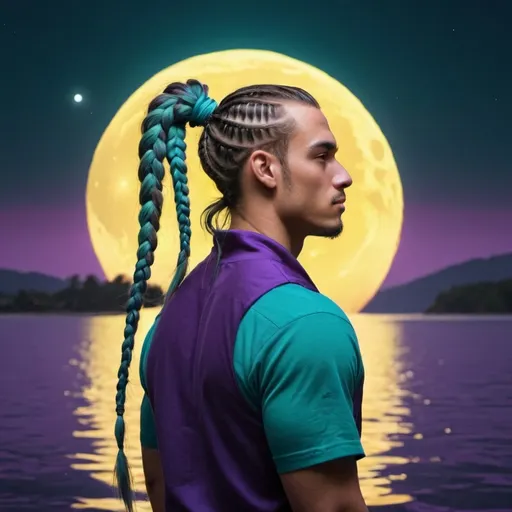 Prompt: guy, strong, handsome, king, violet, yellow, teal, tall, ponytail, braids, sun, moon, night, water, 