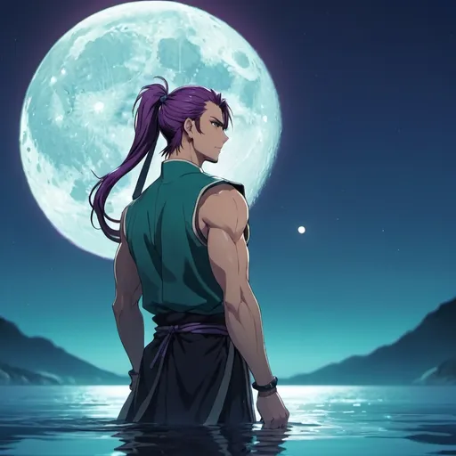 Prompt: guy, strong, handsome, king, violet, teal, tall, ponytail, water, moon, night, anime